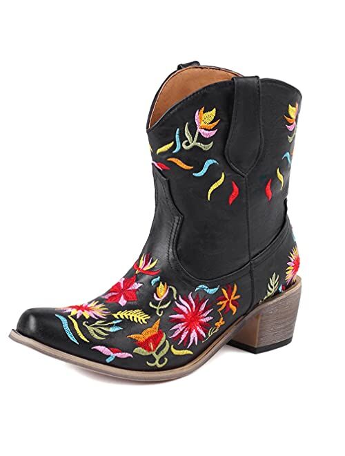 SO SIMPOK Women Classic Cowgirl Boots Ladies Retro Ankle Boots Comfort Embroidered Western Short Boots