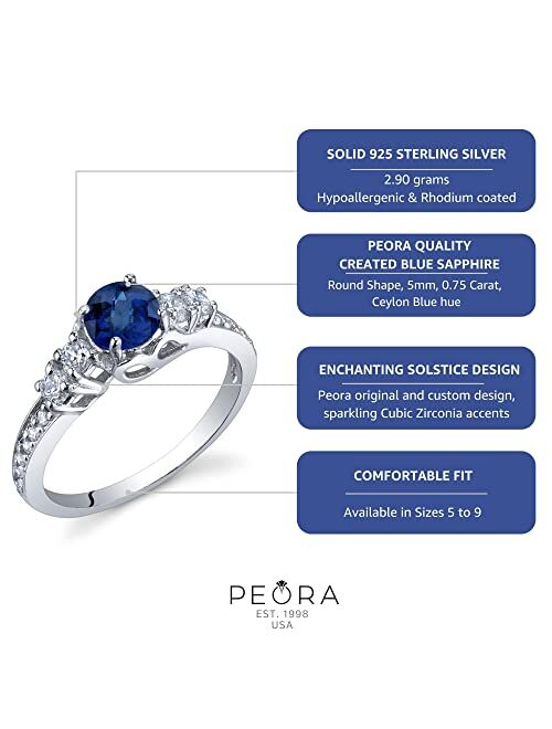 Peora Created Blue Sapphire Women Ring 925 Sterling Silver, Enchanting Solstice Design, 0.75 Carat Round 5mm Sizes 5 to 9