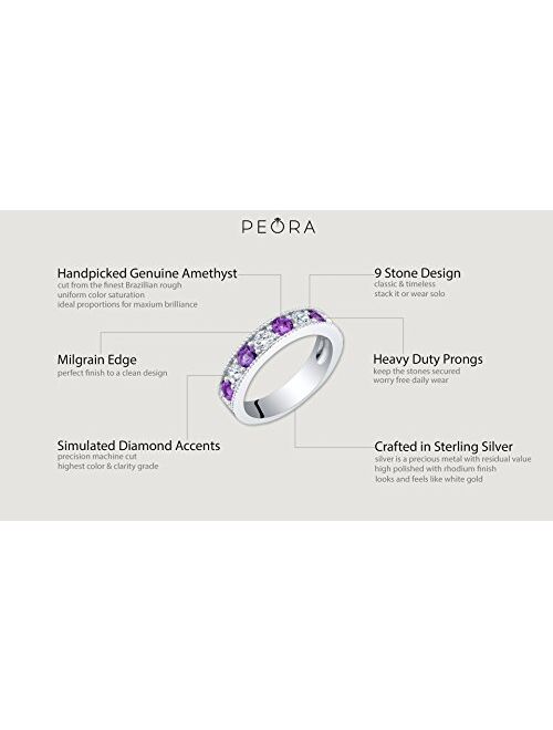 Peora Sterling Silver 4mm Milgrain Half-Eternity Anniversary Wedding Ring Band for Women, Various Gemstones, Comfort Fit, Sizes 5 to 9