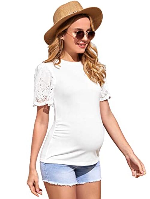 Verdusa Women's Maternity Scalloped Short Sleeve Round Neck Pregnancy Tee Top