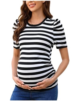 FUNJULY Maternity Shirts Women's Casual Floral Print Tops Pregnancy Puff Short Sleeve Striped Ruched Side Tunic Top