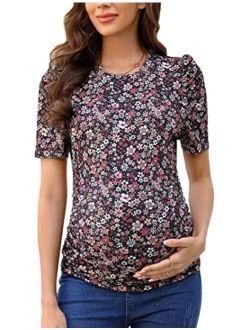 FUNJULY Maternity Shirts Women's Casual Floral Print Tops Pregnancy Puff Short Sleeve Striped Ruched Side Tunic Top