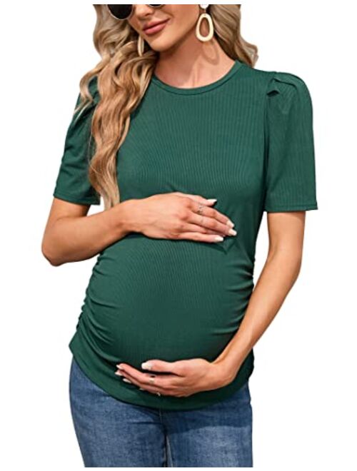 FUNJULY Maternity Shirts Women's Casual Floral Print Tops Pregnancy Puff Short Sleeve Striped Ruched Side Tunic Top