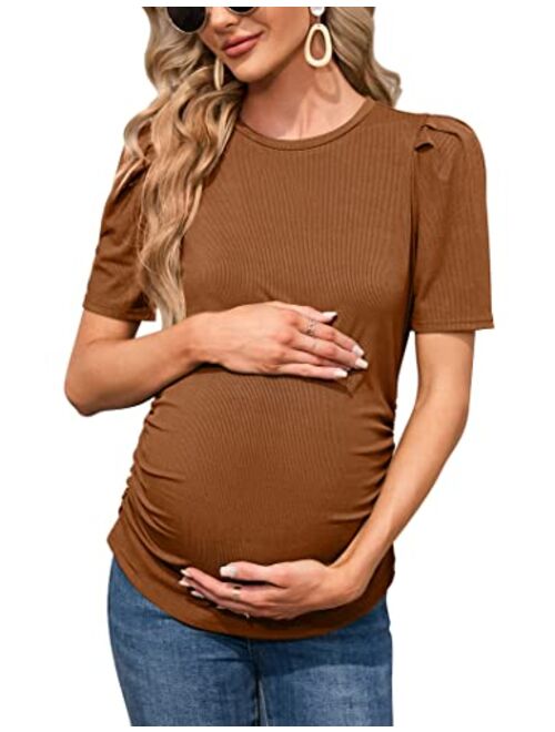 FUNJULY Maternity Shirts Women's Casual Floral Print Tops Pregnancy Puff Short Sleeve Striped Ruched Side Tunic Top