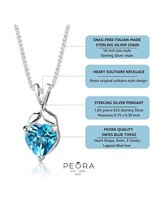 Peora Swiss Blue Topaz Pendant Necklace for Women 925 Sterling Silver, Natural Gemstone, 3 Carats Heart Shape 9mm with 18 inch Chain