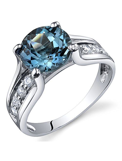 Peora London Blue Topaz Cathedral Solitaire Ring for Women 925 Sterling Silver, Natural Gemstone Birthstone, 2.25 Carats Round Shape 8mm, Sizes 5 to 9