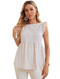 Women's Striped Print Boat Neck Tie Back Sleeveless Maternity Peplum Blouse Tops