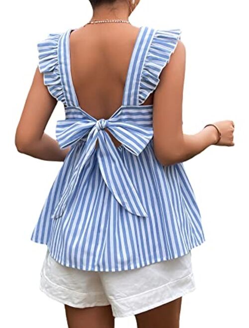 Floerns Women's Striped Print Boat Neck Tie Back Sleeveless Maternity Peplum Blouse Tops