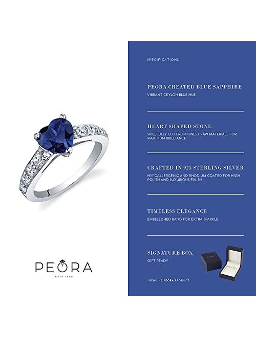 Peora Created Blue Sapphire Heart Promise Ring for Women 925 Sterling Silver, 1.75 Carats Heart Shape 7mm, Comfort Fit, Sizes 5 to 9