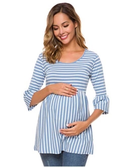 Ecavus Womens Casual Maternity Tops Striped Peplum 3/4 Ruffle Sleeve Shirt Ultra Soft Pregnancy Clothing