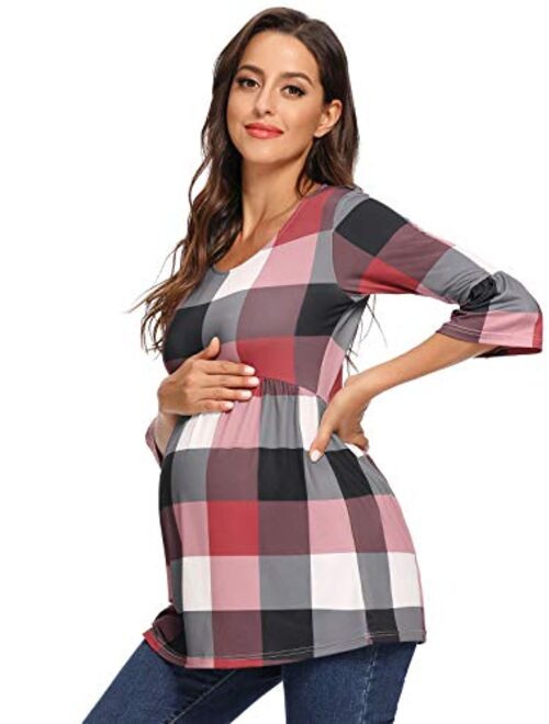 Ecavus Womens Casual Maternity Tops Striped Peplum 3/4 Ruffle Sleeve Shirt Ultra Soft Pregnancy Clothing