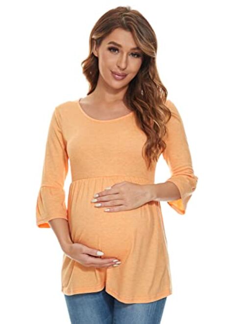 Ecavus Womens Casual Maternity Tops Striped Peplum 3/4 Ruffle Sleeve Shirt Ultra Soft Pregnancy Clothing