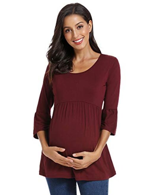 Ecavus Womens Casual Maternity Tops Striped Peplum 3/4 Ruffle Sleeve Shirt Ultra Soft Pregnancy Clothing