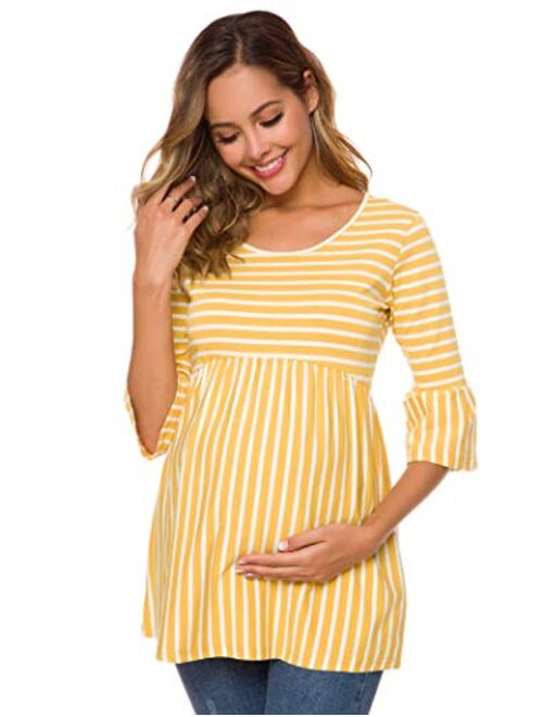 Ecavus Womens Casual Maternity Tops Striped Peplum 3/4 Ruffle Sleeve Shirt Ultra Soft Pregnancy Clothing