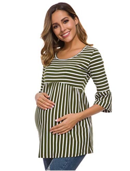 Ecavus Womens Casual Maternity Tops Striped Peplum 3/4 Ruffle Sleeve Shirt Ultra Soft Pregnancy Clothing