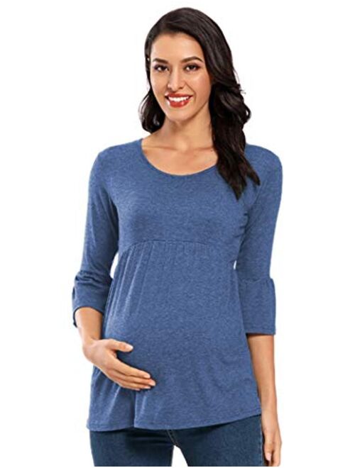 Ecavus Womens Casual Maternity Tops Striped Peplum 3/4 Ruffle Sleeve Shirt Ultra Soft Pregnancy Clothing