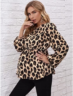 Women's Maternity Shirts Leopard Long Sleeve Pregnancy Peplum Blouse