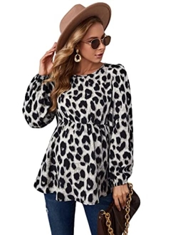 Women's Maternity Shirts Leopard Long Sleeve Pregnancy Peplum Blouse