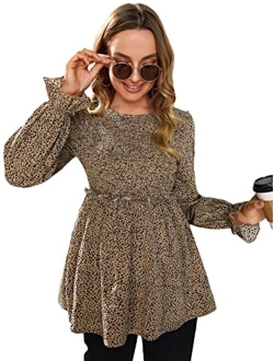 Women's Maternity Shirts Leopard Long Sleeve Pregnancy Peplum Blouse