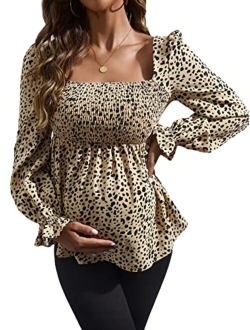 Women's Maternity Shirts Leopard Long Sleeve Pregnancy Peplum Blouse