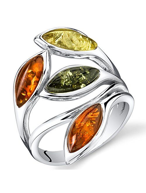 Peora Genuine Baltic Amber Leaf Ring for Women 925 Sterling Silver, Rich Cognac, Olive Green, Honey Yellow Colors, Sizes 5 to 9