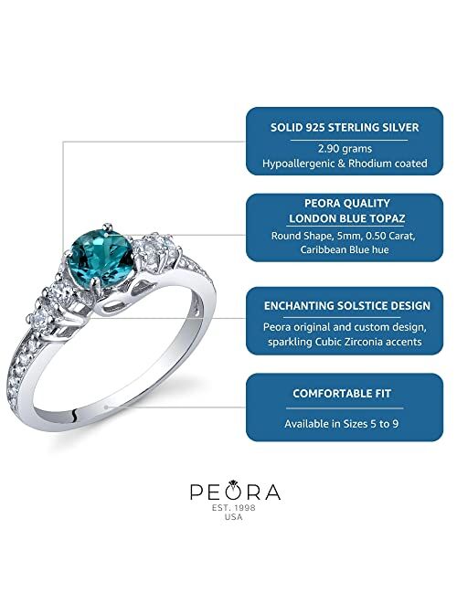 Peora London Blue Topaz Ring 925 Sterling Silver, 0.50 Carat Round Shape, December Birthstone Enchanting Solstice Solitaire, Sizes 5 to 9