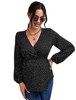 OYOANGLE Women's Maternity Rib Knit Long Sleeve V Neck Cross Wrap Belted Blouse Peplum Top Shirt