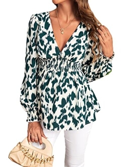 OYOANGLE Women's Maternity Rib Knit Long Sleeve V Neck Cross Wrap Belted Blouse Peplum Top Shirt