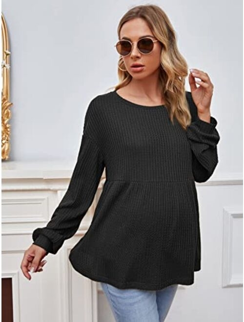 OYOANGLE Women's Maternity Rib Knit Long Sleeve V Neck Cross Wrap Belted Blouse Peplum Top Shirt