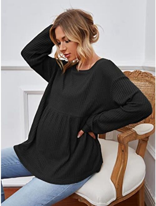 OYOANGLE Women's Maternity Rib Knit Long Sleeve V Neck Cross Wrap Belted Blouse Peplum Top Shirt