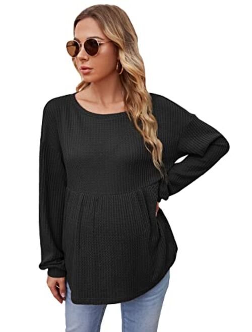 OYOANGLE Women's Maternity Rib Knit Long Sleeve V Neck Cross Wrap Belted Blouse Peplum Top Shirt