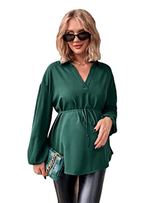 OYOANGLE Women's Maternity Rib Knit Long Sleeve V Neck Cross Wrap Belted Blouse Peplum Top Shirt