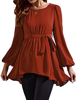 Women's Maternity Shirt Floral Long Sleeve Belted Pregnancy Peplum Blouse Top