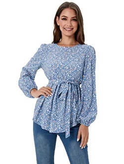 Women's Maternity Shirt Floral Long Sleeve Belted Pregnancy Peplum Blouse Top