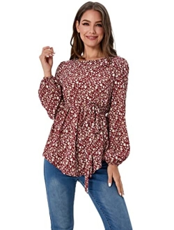 Women's Maternity Shirt Floral Long Sleeve Belted Pregnancy Peplum Blouse Top