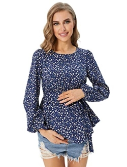 Women's Maternity Shirt Floral Long Sleeve Belted Pregnancy Peplum Blouse Top