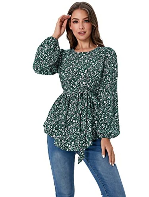 MakeMeChic Women's Maternity Shirt Floral Long Sleeve Belted Pregnancy Peplum Blouse Top