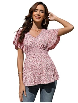 FUNJULY Maternity Shirts Women's V Neck Floral Maternity Tops Smocked Ruffle Hem Tunic Blouse for Women