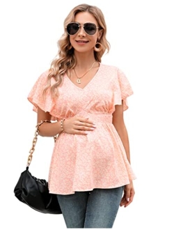 FUNJULY Maternity Shirts Women's V Neck Floral Maternity Tops Smocked Ruffle Hem Tunic Blouse for Women