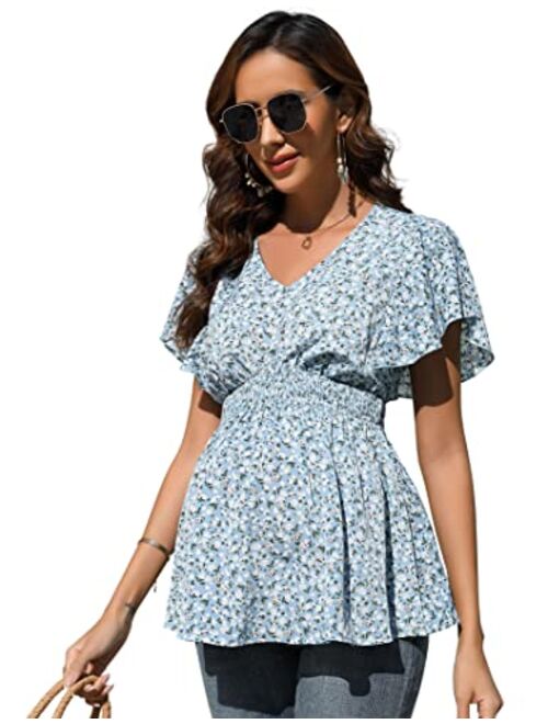 FUNJULY Maternity Shirts Women's V Neck Floral Maternity Tops Smocked Ruffle Hem Tunic Blouse for Women