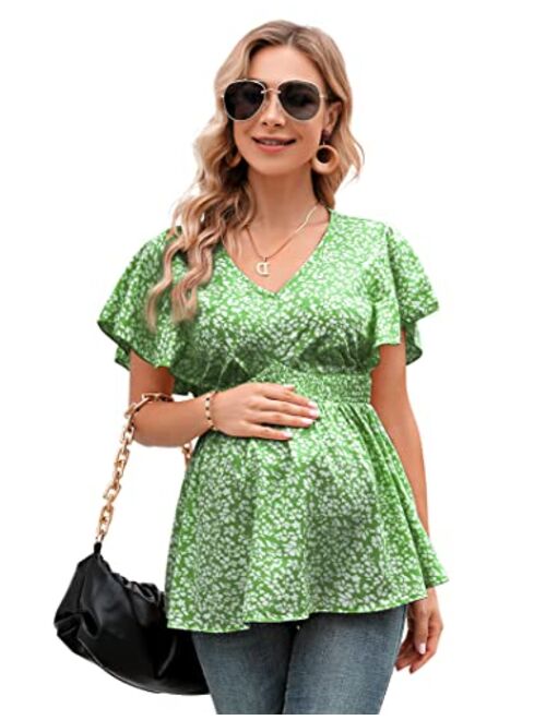 FUNJULY Maternity Shirts Women's V Neck Floral Maternity Tops Smocked Ruffle Hem Tunic Blouse for Women