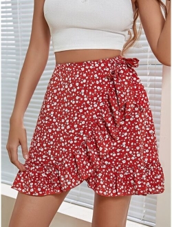 Frenchy Ditsy Floral Ruffle Trim Wrap Knot Skirt