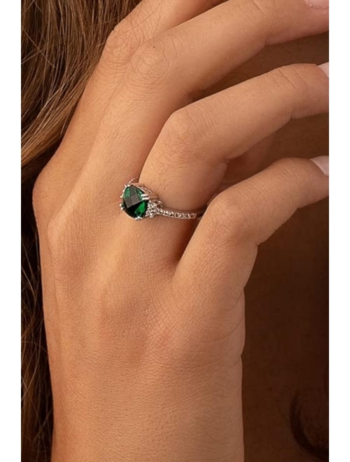 Peora Created Emerald Ring in 14K White Gold with Genuine White Topaz, Designer Cushion Cut, 2 Carats, Comfort Fit, Sizes 5 to 9