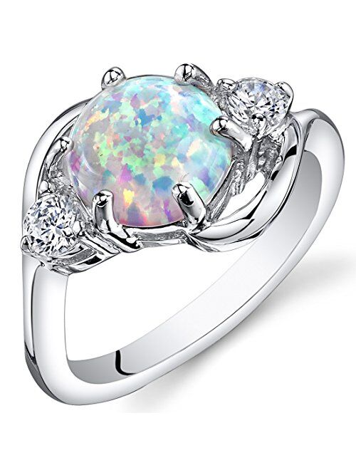 Peora Created White Fire Opal Ring for Women 925 Sterling Silver, Stunning 3-Stone Design, 1.75 Carats Round Shape 8mm, Sizes 5 to 9