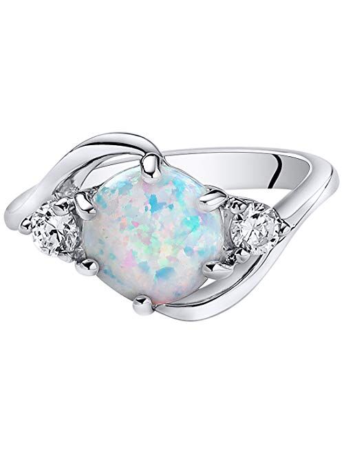 Peora Created White Fire Opal Ring for Women 925 Sterling Silver, Stunning 3-Stone Design, 1.75 Carats Round Shape 8mm, Sizes 5 to 9