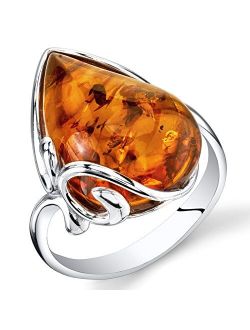 Genuine Baltic Amber Ring for Women 925 Sterling Silver, Large Teardrop Shape, Rich Cognac Color Sizes 5 to 9