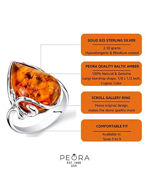 Peora Genuine Baltic Amber Ring for Women 925 Sterling Silver, Large Teardrop Shape, Rich Cognac Color Sizes 5 to 9