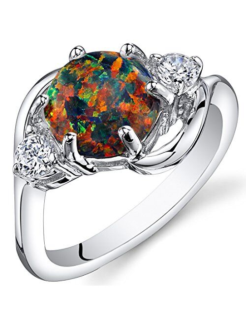 Peora Created Black Fire Opal Ring for Women 925 Sterling Silver, Stunning Three Stone Design, 1.75 Carats Round Shape 8mm, Sizes 5 to 9