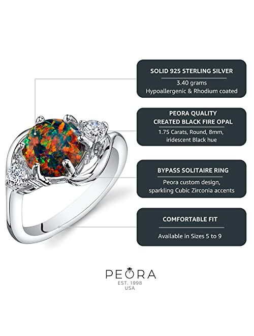 Peora Created Black Fire Opal Ring for Women 925 Sterling Silver, Stunning Three Stone Design, 1.75 Carats Round Shape 8mm, Sizes 5 to 9