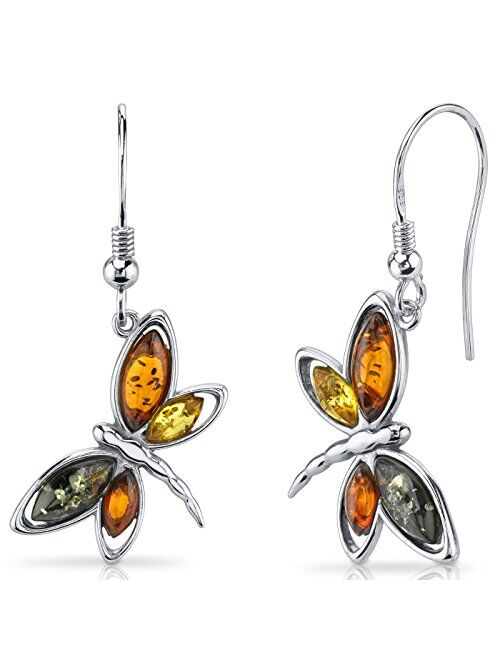 Peora Genuine Baltic Amber Dragonfly Pendant Necklace and Earrings for Women in Sterling Silver, Rich Cognac, Honey and Olive Colors